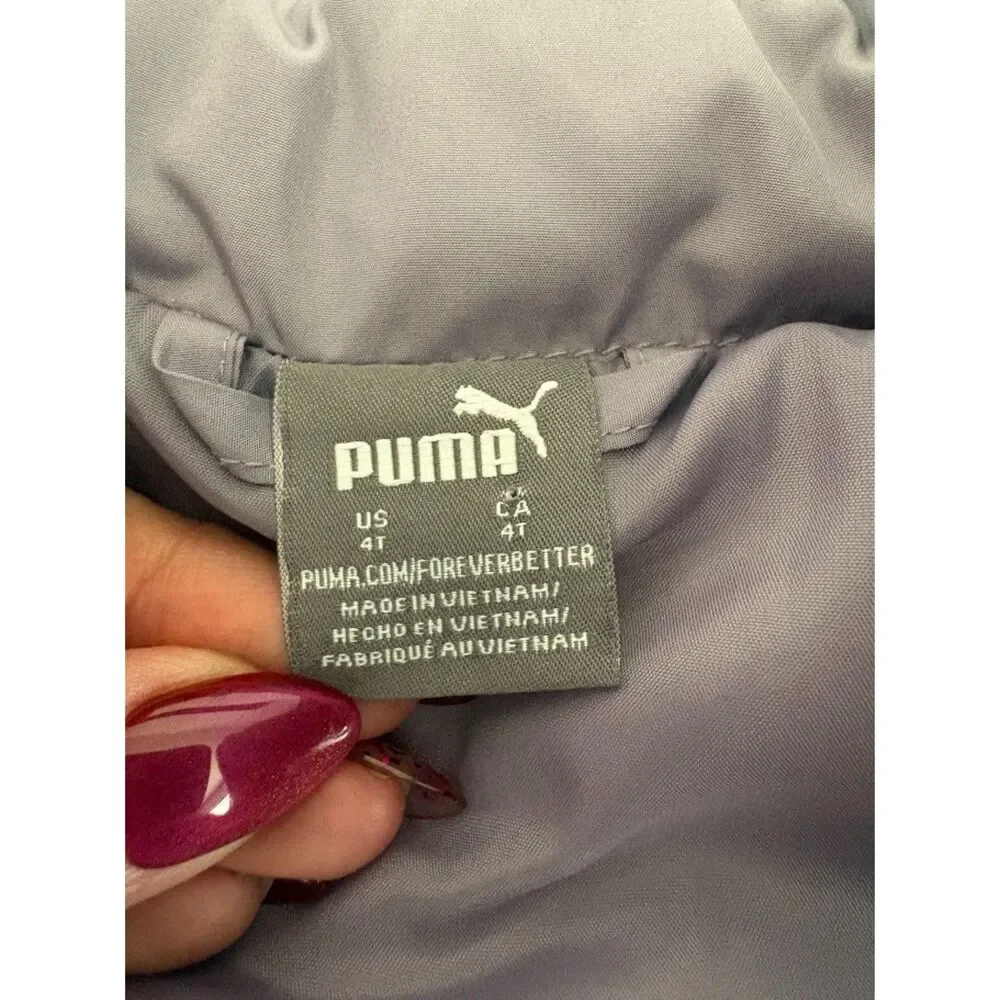 PUMA Girls 4T Puffer Vest Gray Neon Logo Full Zip Quilted Toddler